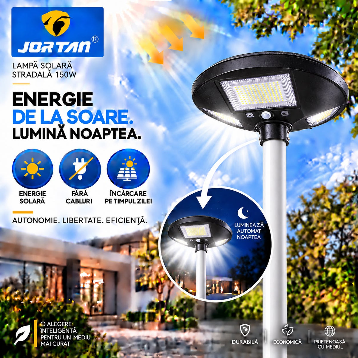Lampa Solara Stradala Garden 150W JORTAN, LED SMD Iluminare Multidirectionala, Senzor PIR Miscare, Panou Solar Integrat, Telecomanda Wireless, Protectie IP66, Montaj pe Stalp, Curte, Gradina, Alee, Parcare