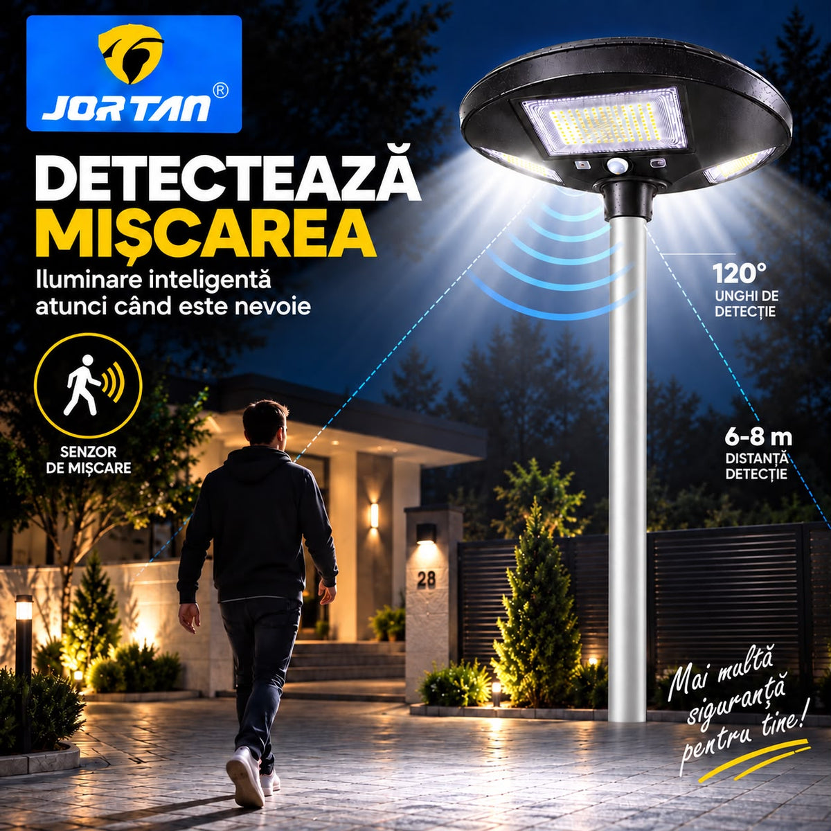 Lampa Solara Stradala Garden 150W JORTAN, LED SMD Iluminare Multidirectionala, Senzor PIR Miscare, Panou Solar Integrat, Telecomanda Wireless, Protectie IP66, Montaj pe Stalp, Curte, Gradina, Alee, Parcare