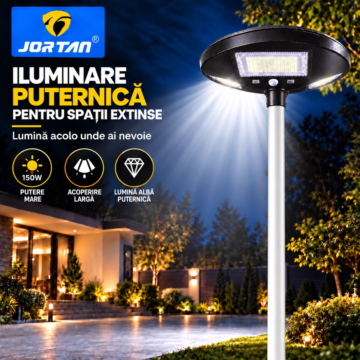 Lampa Solara Stradala Garden 150W JORTAN, LED SMD Iluminare Multidirectionala, Senzor PIR Miscare, Panou Solar Integrat, Telecomanda Wireless, Protectie IP66, Montaj pe Stalp, Curte, Gradina, Alee, Parcare