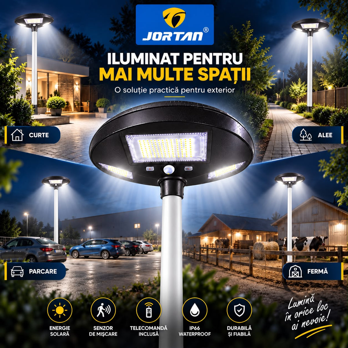 Lampa Solara Stradala Garden 150W JORTAN, LED SMD Iluminare Multidirectionala, Senzor PIR Miscare, Panou Solar Integrat, Telecomanda Wireless, Protectie IP66, Montaj pe Stalp, Curte, Gradina, Alee, Parcare