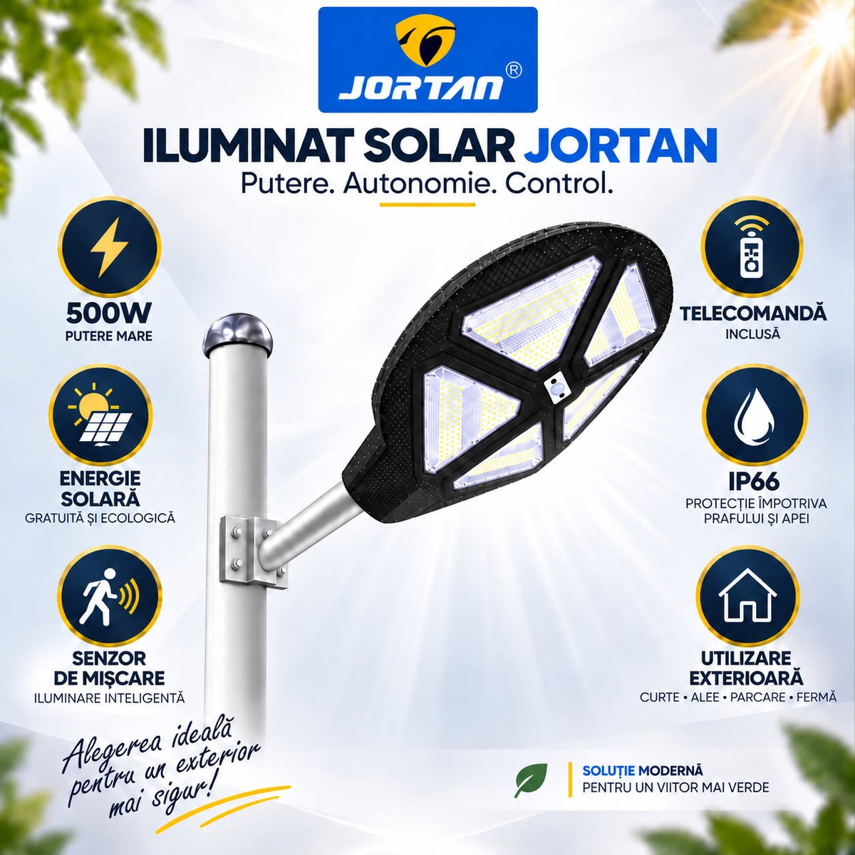 Lampa Solara Stradala Vulcan 500W JORTAN, LED SMD Iluminare Multidirectionala, Senzor PIR Miscare, Panou Solar Integrat, Telecomanda Wireless, Protectie IP66, Suport Montaj Inclus, Curte, Gradina, Alee, Parcare