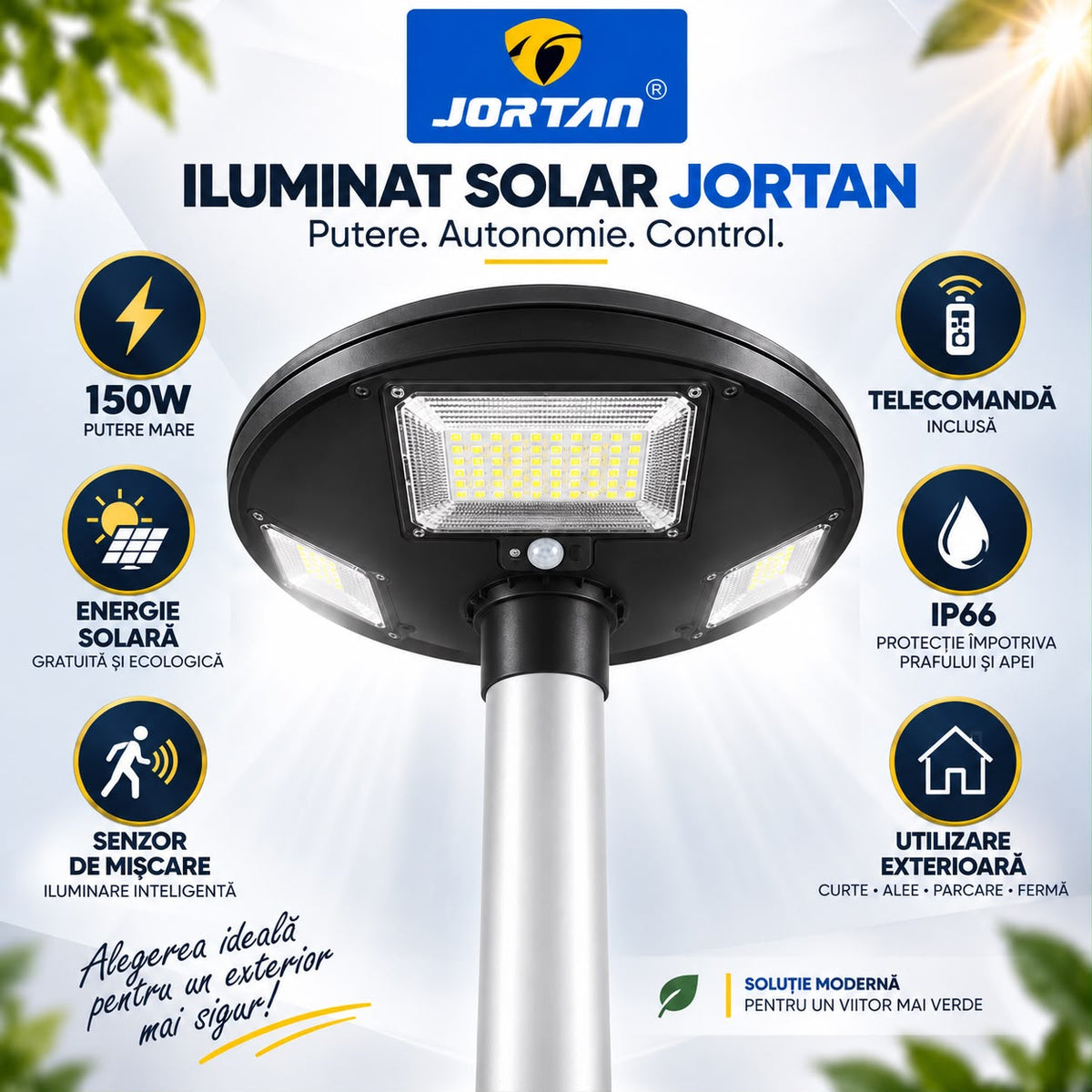 Lampa Solara Stradala Garden 150W JORTAN, LED SMD Iluminare Multidirectionala, Senzor PIR Miscare, Panou Solar Integrat, Telecomanda Wireless, Protectie IP66, Montaj pe Stalp, Curte, Gradina, Alee, Parcare