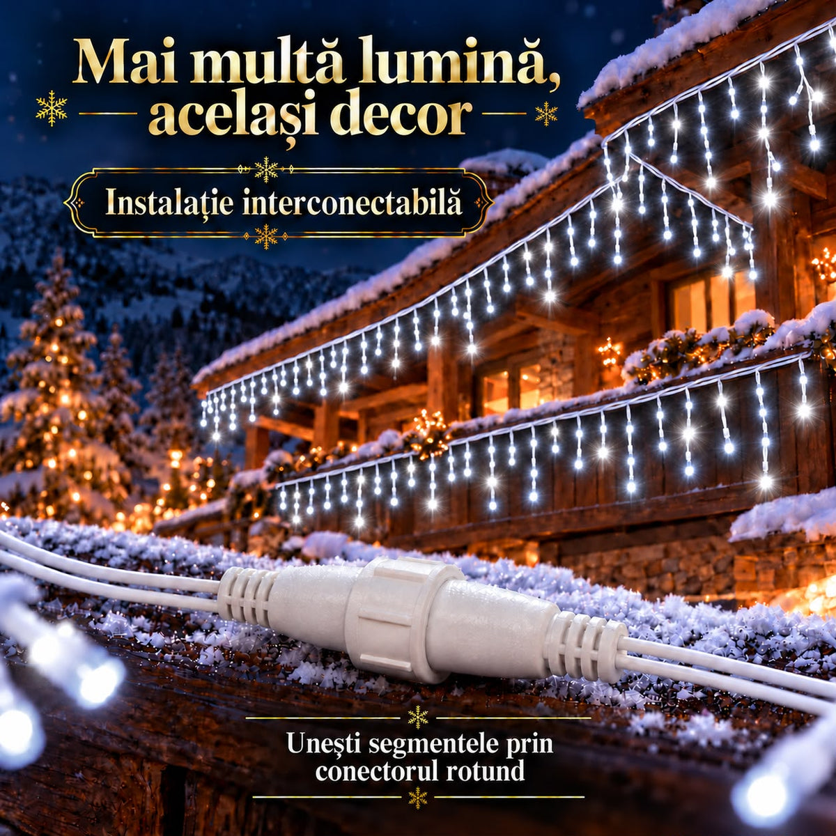 Instalatie de Craciun tip Turturi Flash, Alb Rece cu Flash Alb Rece, 50 m, 1000 LED-uri, Franjuri 50/60/70 cm, Fir Alb Gros 2.0, Interconectabili, IP65, Interior/Exterior