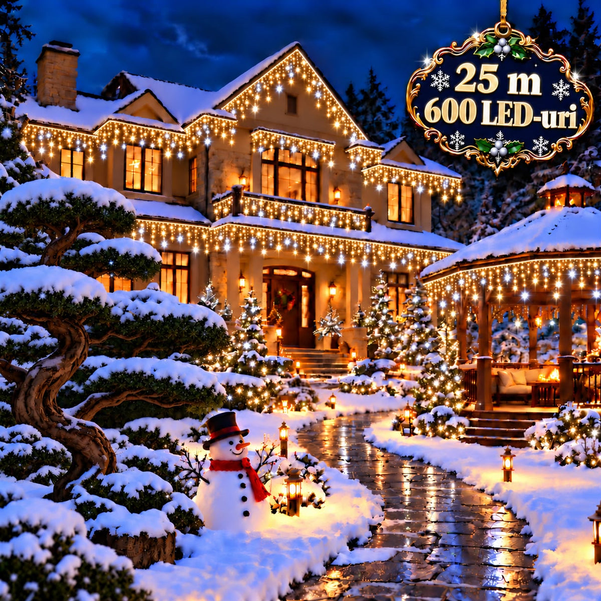 Instalatie de Craciun tip Turturi Flash, Alb Cald cu Flash Alb rece , 25 m, 600 LED-uri, Franjuri 50/60/70 cm, Fir Alb Gros 2.0, Interconectabili, IP65, Interior/Exterior