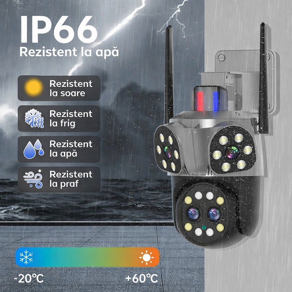 Camera de Supraveghere WiFi Jortan 8856, 12MP, 4 lentile, PTZ 360°, IP66, Vedere Nocturna Color, Audio Bidirectional, Alarma Integrata, Aplicatie Yoosee, Card MicroSD 32GB Inclus