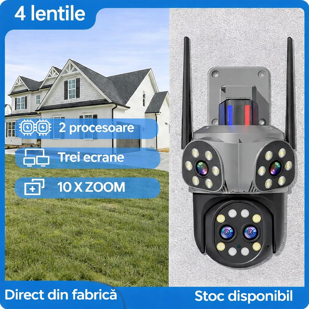 Camera de Supraveghere WiFi Jortan 8856, 12MP, 4 lentile, PTZ 360°, IP66, Vedere Nocturna Color, Audio Bidirectional, Alarma Integrata, Aplicatie Yoosee, Card MicroSD 32GB Inclus