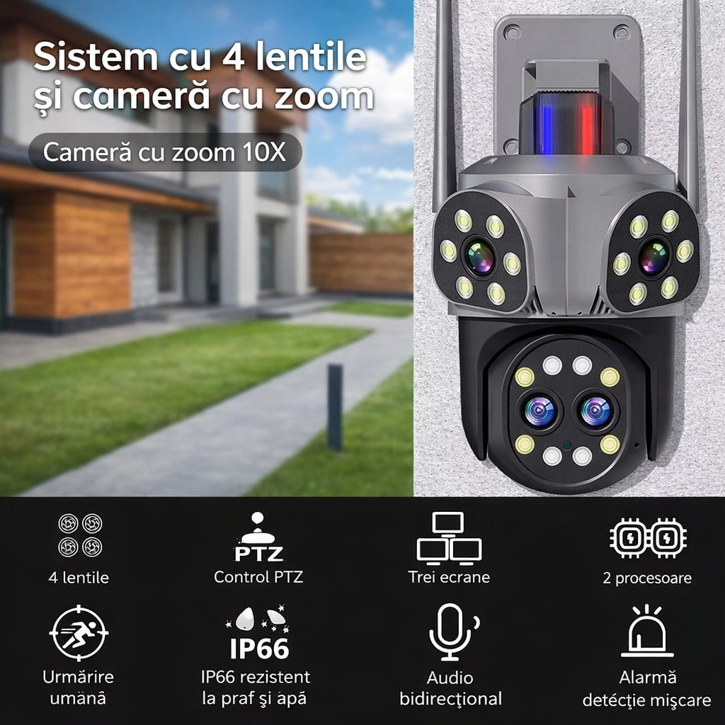 Camera de Supraveghere WiFi Jortan 8856, 12MP, 4 lentile, PTZ 360°, IP66, Vedere Nocturna Color, Audio Bidirectional, Alarma Integrata, Aplicatie Yoosee, Card MicroSD 32GB Inclus