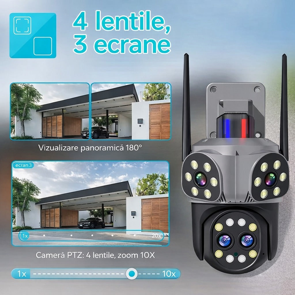 Camera de Supraveghere WiFi Jortan 8856, 12MP, 4 lentile, PTZ 360°, IP66, Vedere Nocturna Color, Audio Bidirectional, Alarma Integrata, Aplicatie Yoosee, Card MicroSD 32GB Inclus