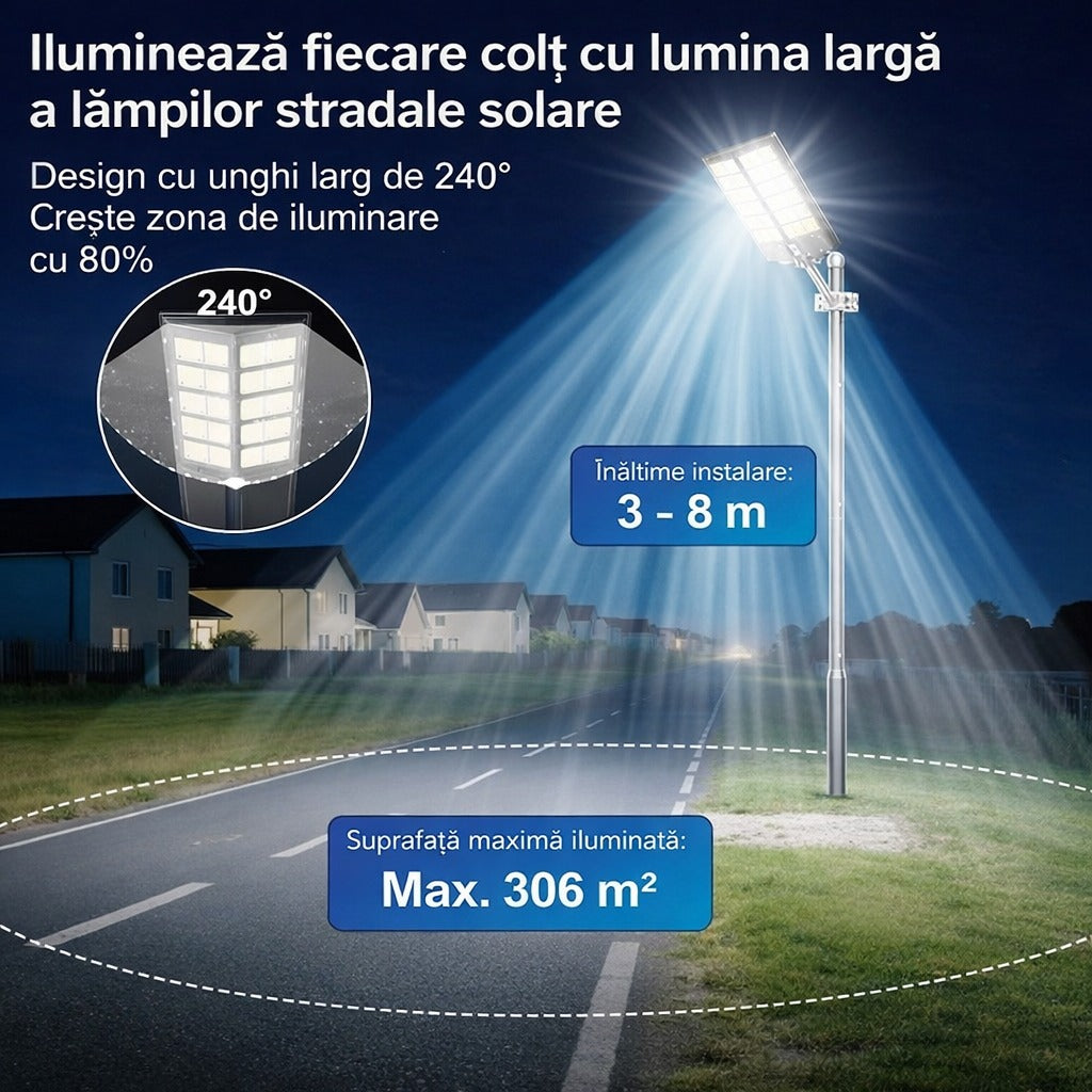 Lampă Solară Stradală 2000W JORTAN cu 720 LED-uri SMD, Panou Solar 3.2V Baterie 24.000 mAh, Telecomandă Wireless, Iluminare 6500K Alb Rec, Autonomie până la 24h, Protecție IP65