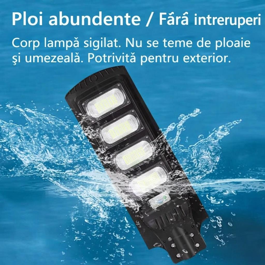 Lampa Solara Stradala 200W JORTAN cu 4 cadrane LED, Panou Solar 3.2V, Baterie 12.000 mAh, Telecomanda Wireless, Senzor Lumina, Autonomie pana la 24h, Protectie IP65