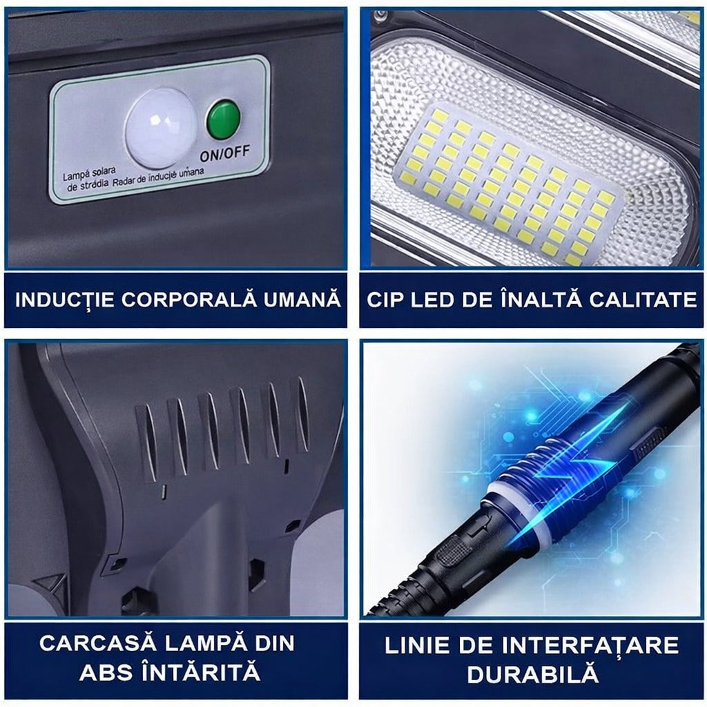 Lampa Solara Stradala 300W JORTAN cu 6 cadrane LED, Panou Solar 3.2V, Baterie 24.000 mAh, Telecomanda Wireless, Senzor Lumina, Autonomie pana la 24h, Protectie IP65