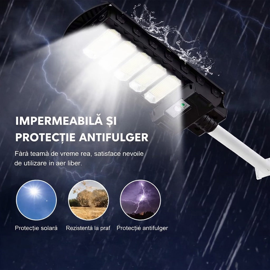 Lampa Solara Stradala 300W JORTAN cu 6 cadrane LED, Panou Solar 3.2V, Baterie 24.000 mAh, Telecomanda Wireless, Senzor Lumina, Autonomie pana la 24h, Protectie IP65