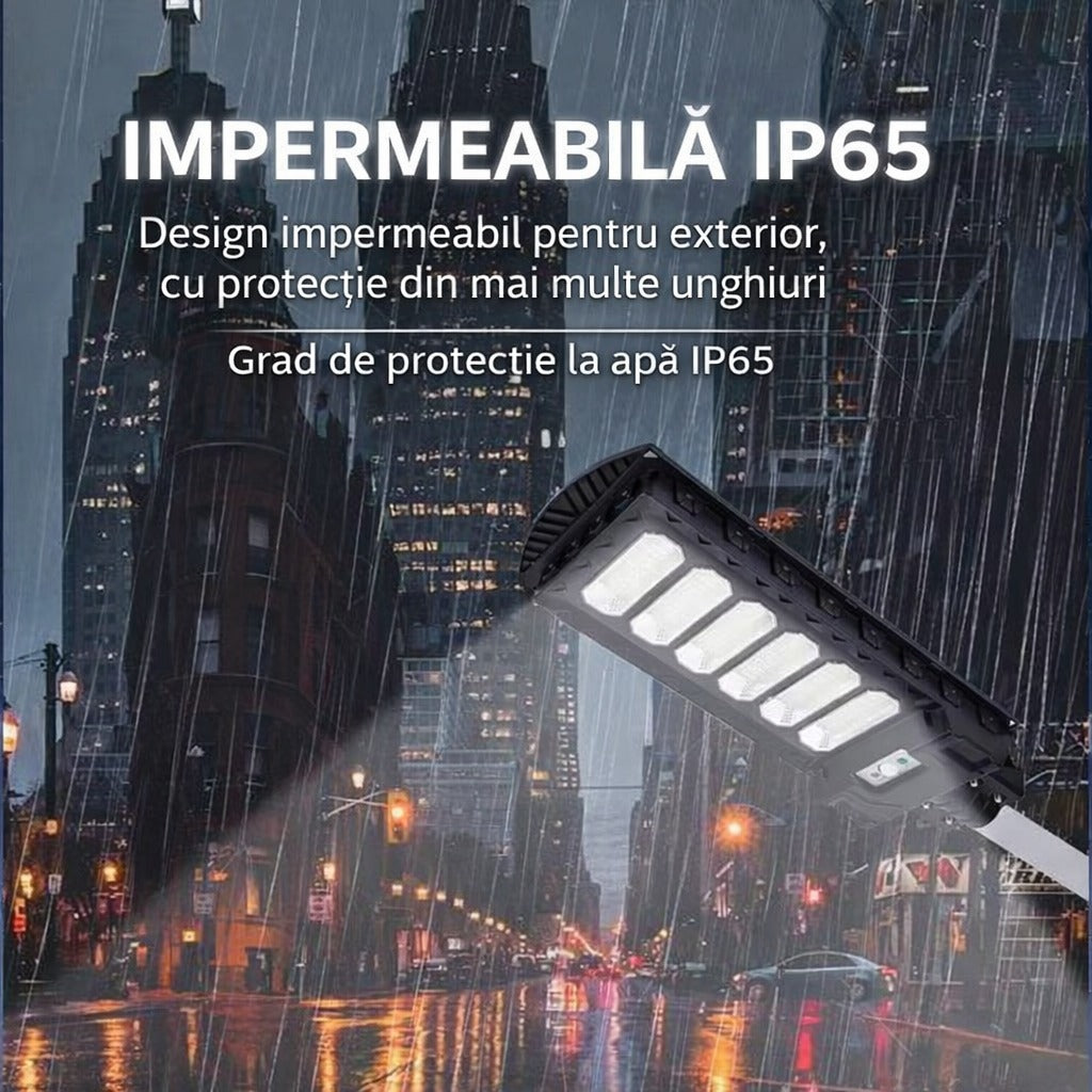 Lampa Solara Stradala 300W JORTAN cu 6 cadrane LED, Panou Solar 3.2V, Baterie 24.000 mAh, Telecomanda Wireless, Senzor Lumina, Autonomie pana la 24h, Protectie IP65