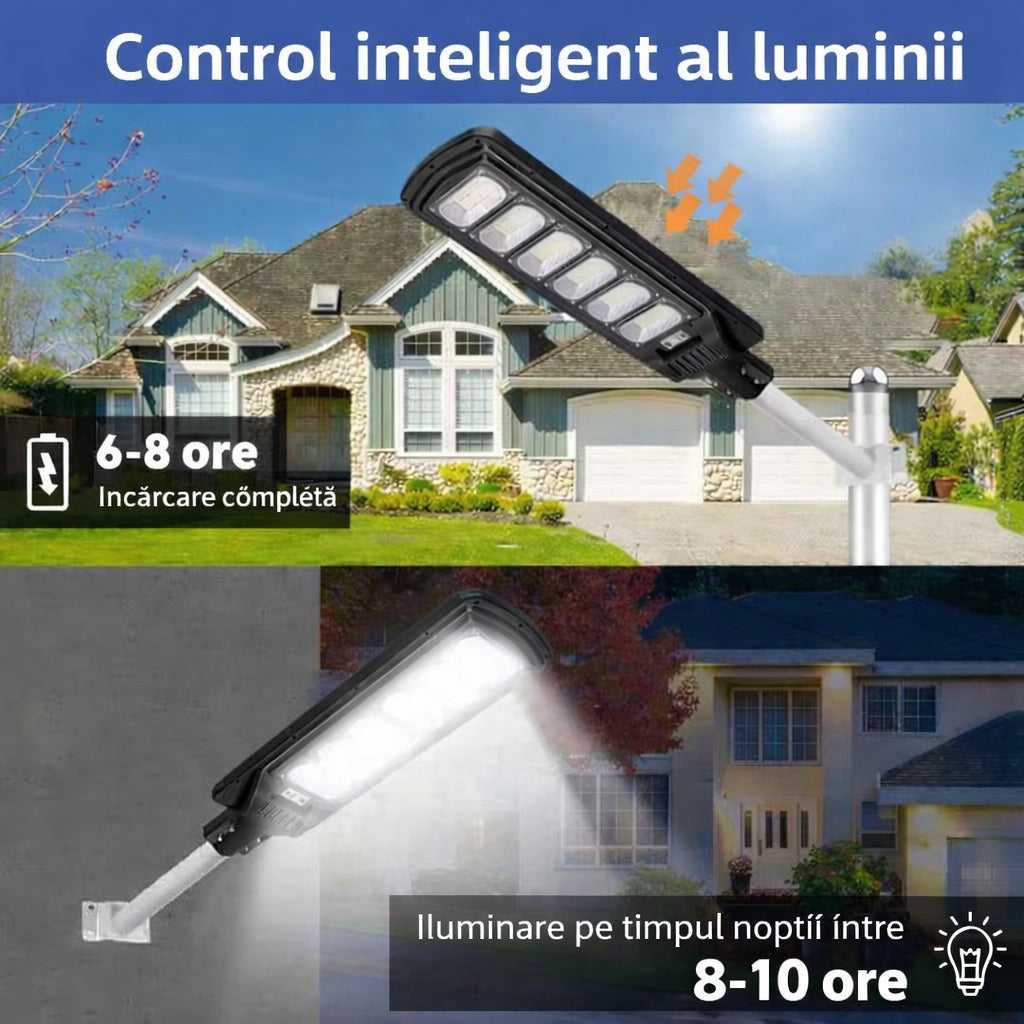 Lampa Solara Stradala 300W JORTAN cu 6 cadrane LED, Panou Solar 3.2V, Baterie 24.000 mAh, Telecomanda Wireless, Senzor Lumina, Autonomie pana la 24h, Protectie IP65