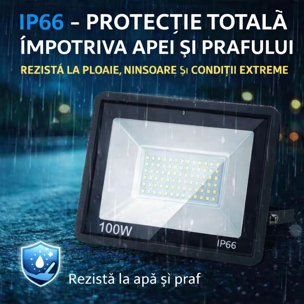 Proiector LED JORTAN Exterior 100W, Alimentare 230V, 72 LED-uri, 5000 Lumeni, Lumina Calda Intensa, Carcasa Aluminiu + Sticla, IP66 Rezistent la Apa si Praf, pentru Curte, Alee, Garaj si Parcare