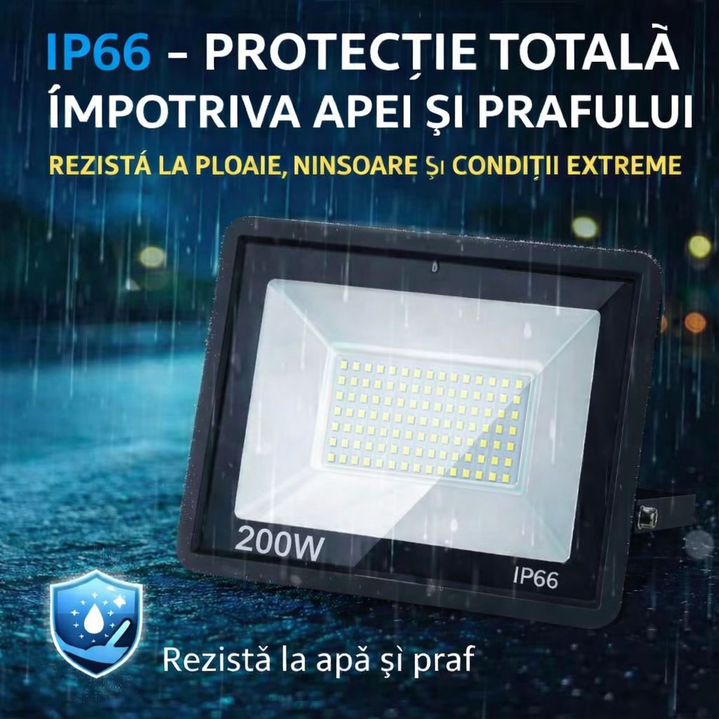 Proiector LED JORTAN Exterior 200W, Alimentare 230V, 126 LED-uri, 10000 Lumeni, Lumina Calda Intensa, Carcasa Aluminiu + Sticla, IP66 Rezistent la Apa si Praf, pentru Curte, Alee, Garaj si Parcare