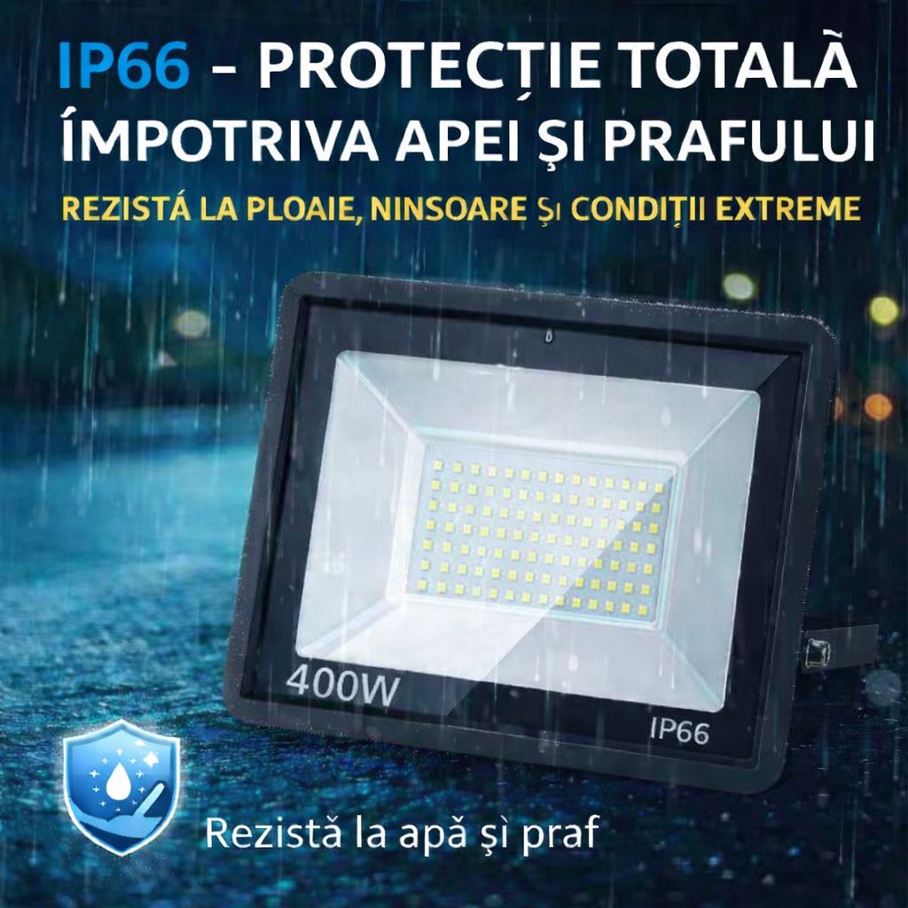 Proiector LED JORTAN Exterior 400W, Alimentare 230V, 234 LED-uri, 20000 Lumeni, Lumina Calda Intensa, Carcasa Aluminiu + Sticla, IP66 Rezistent la Apa si Praf, pentru Curte, Alee, Garaj si Parcare