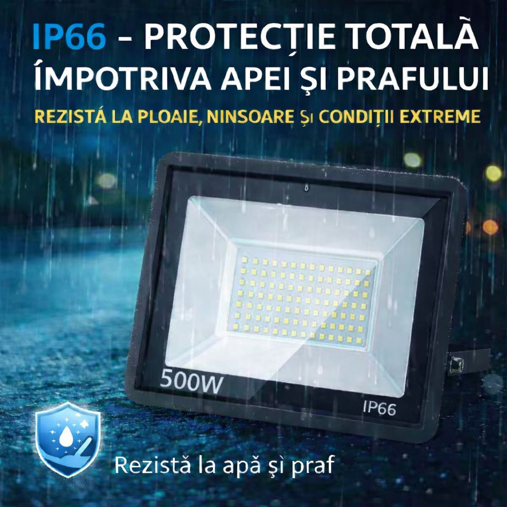 Proiector LED JORTAN Exterior 500W, Alimentare 230V, 420 LED-uri, 30000 Lumeni, Lumina Calda Intensa, Carcasa Aluminiu + Sticla, IP66 Rezistent la Apa si Praf, pentru Curte, Alee, Garaj si Parcare
