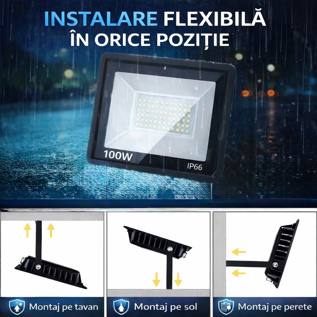 Proiector LED JORTAN Exterior 100W, Alimentare 230V, 72 LED-uri, 5000 Lumeni, Lumina Calda Intensa, Carcasa Aluminiu + Sticla, IP66 Rezistent la Apa si Praf, pentru Curte, Alee, Garaj si Parcare