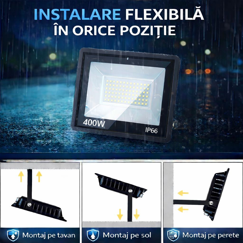 Proiector LED JORTAN Exterior 400W, Alimentare 230V, 234 LED-uri, 20000 Lumeni, Lumina Calda Intensa, Carcasa Aluminiu + Sticla, IP66 Rezistent la Apa si Praf, pentru Curte, Alee, Garaj si Parcare
