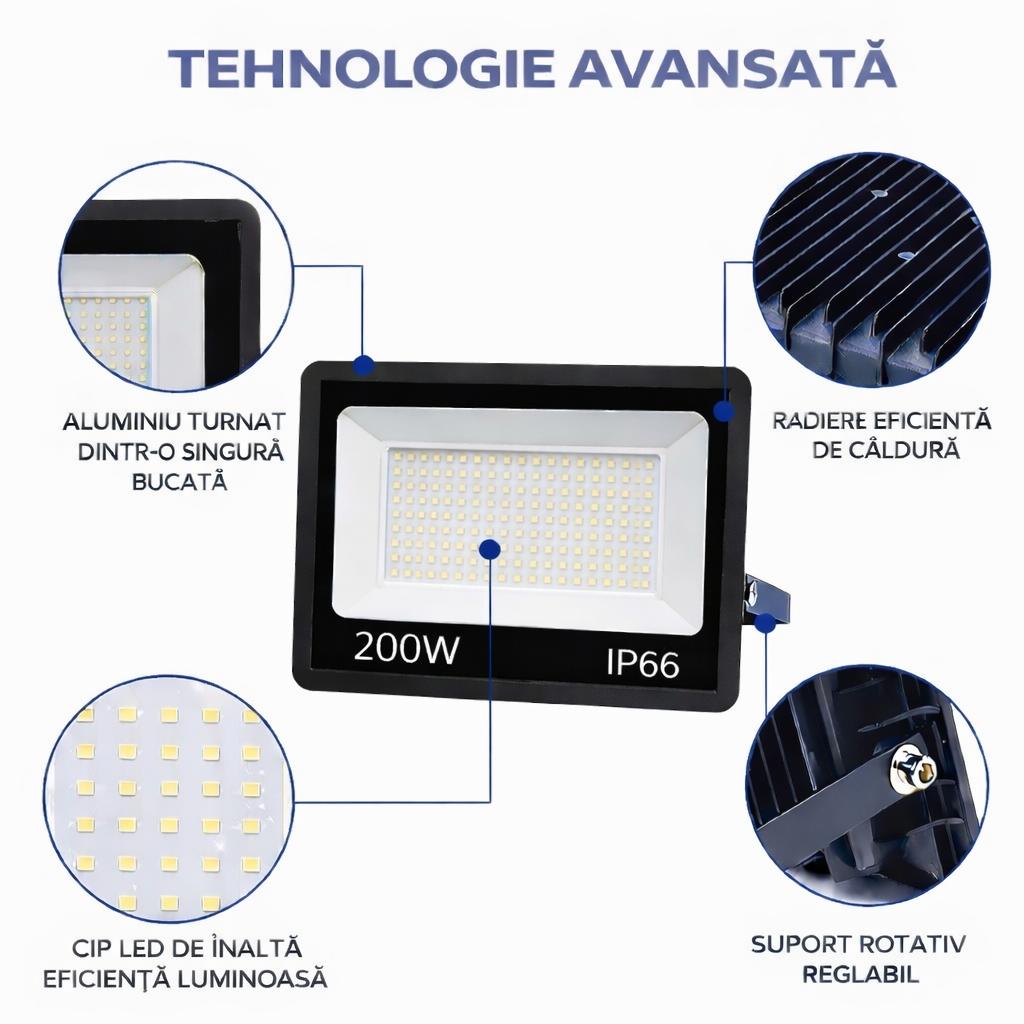 Proiector LED JORTAN Exterior 200W, Alimentare 230V, 126 LED-uri, 10000 Lumeni, Lumina Calda Intensa, Carcasa Aluminiu + Sticla, IP66 Rezistent la Apa si Praf, pentru Curte, Alee, Garaj si Parcare