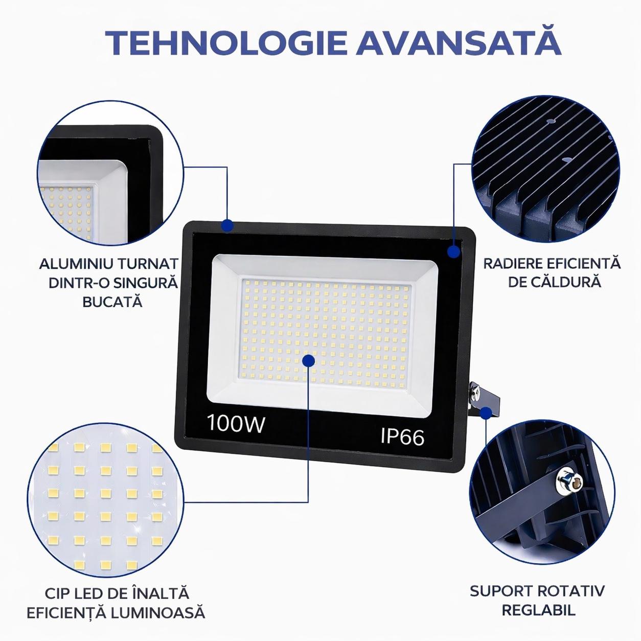 Proiector LED JORTAN Exterior 100W, Alimentare 230V, 72 LED-uri, 5000 Lumeni, Lumina Calda Intensa, Carcasa Aluminiu + Sticla, IP66 Rezistent la Apa si Praf, pentru Curte, Alee, Garaj si Parcare