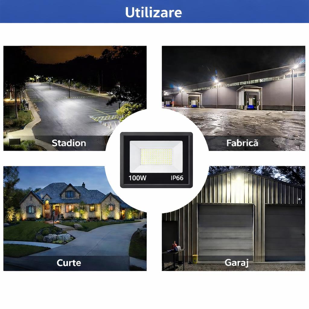 Proiector LED JORTAN Exterior 100W, Alimentare 230V, 72 LED-uri, 5000 Lumeni, Lumina Calda Intensa, Carcasa Aluminiu + Sticla, IP66 Rezistent la Apa si Praf, pentru Curte, Alee, Garaj si Parcare