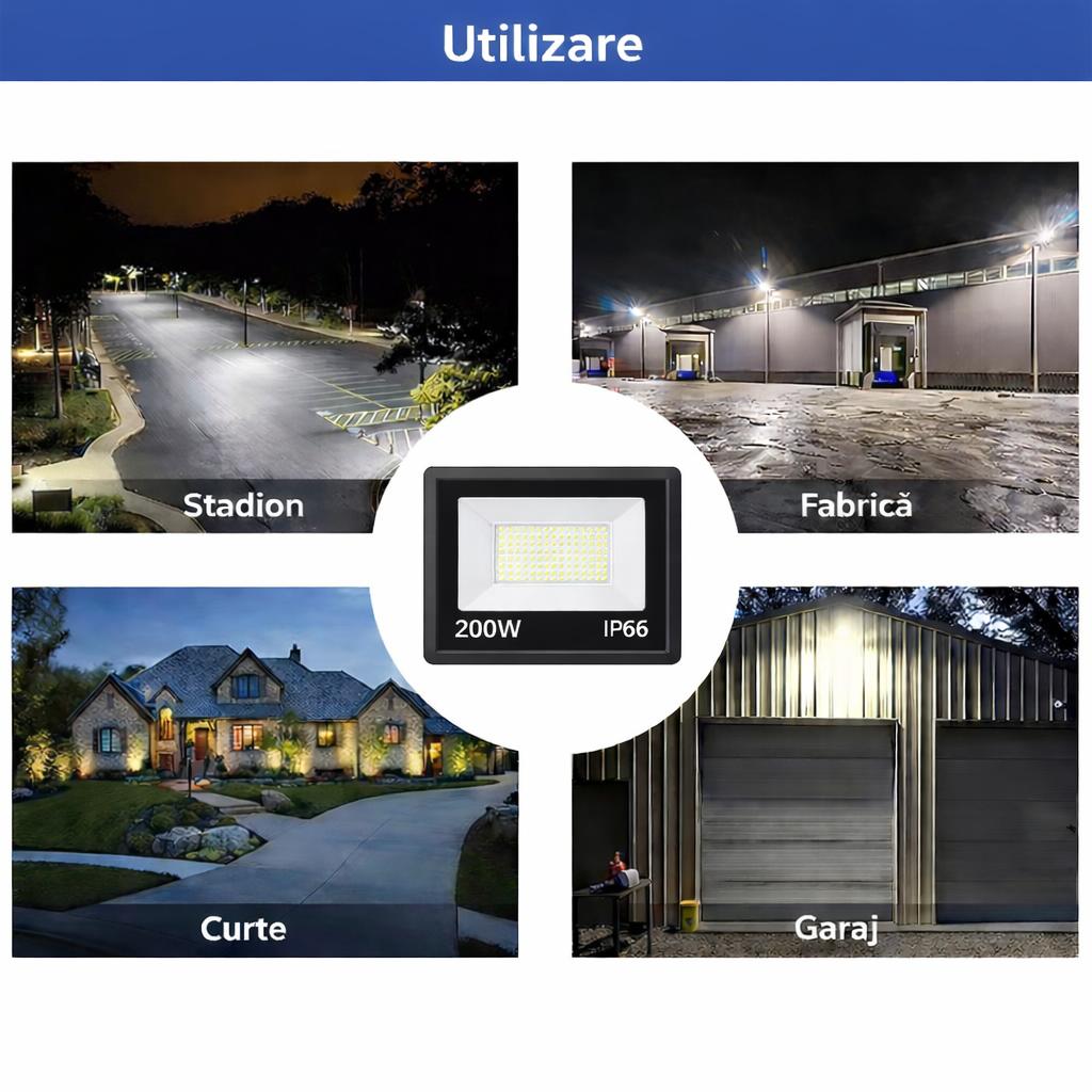 Proiector LED JORTAN Exterior 200W, Alimentare 230V, 126 LED-uri, 10000 Lumeni, Lumina Calda Intensa, Carcasa Aluminiu + Sticla, IP66 Rezistent la Apa si Praf, pentru Curte, Alee, Garaj si Parcare