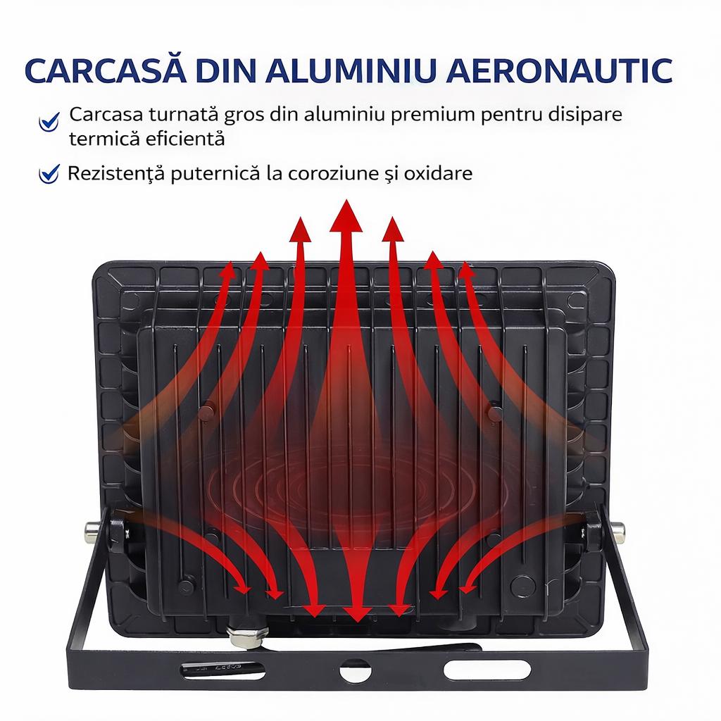 Proiector LED JORTAN Exterior 600W, Alimentare 230V, 520 LED-uri, 40000 Lumeni, Lumina Calda Intensa, Carcasa Aluminiu + Sticla, IP66 Rezistent la Apa si Praf, pentru Curte, Alee, Garaj si Parcare