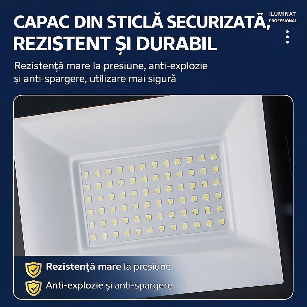 Proiector LED JORTAN Exterior 600W, Alimentare 230V, 520 LED-uri, 40000 Lumeni, Lumina Calda Intensa, Carcasa Aluminiu + Sticla, IP66 Rezistent la Apa si Praf, pentru Curte, Alee, Garaj si Parcare