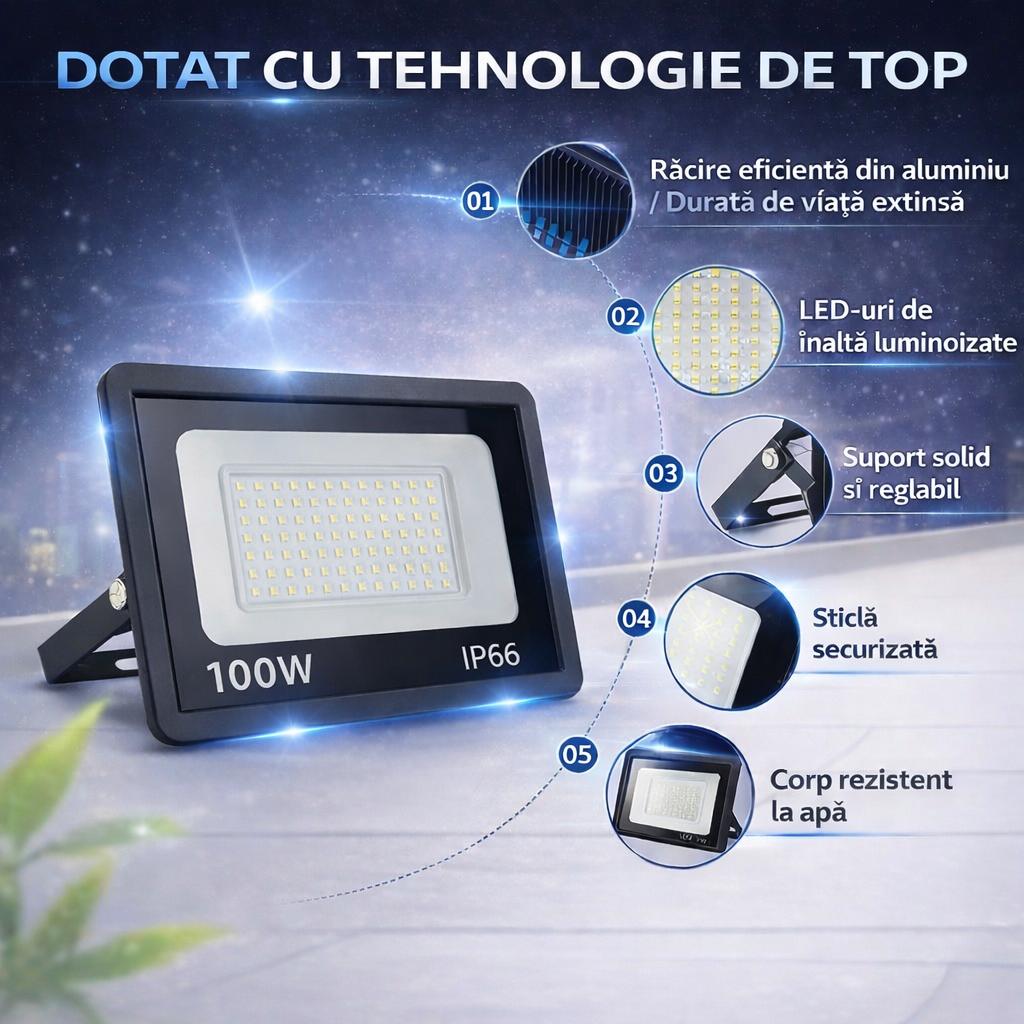 Proiector LED JORTAN Exterior 100W, Alimentare 230V, 72 LED-uri, 5000 Lumeni, Lumina Calda Intensa, Carcasa Aluminiu + Sticla, IP66 Rezistent la Apa si Praf, pentru Curte, Alee, Garaj si Parcare