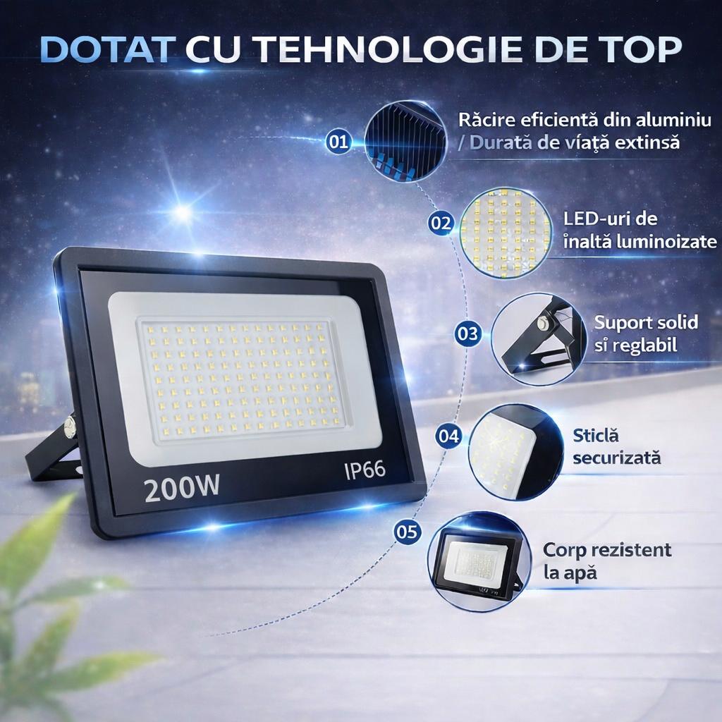 Proiector LED JORTAN Exterior 200W, Alimentare 230V, 126 LED-uri, 10000 Lumeni, Lumina Calda Intensa, Carcasa Aluminiu + Sticla, IP66 Rezistent la Apa si Praf, pentru Curte, Alee, Garaj si Parcare