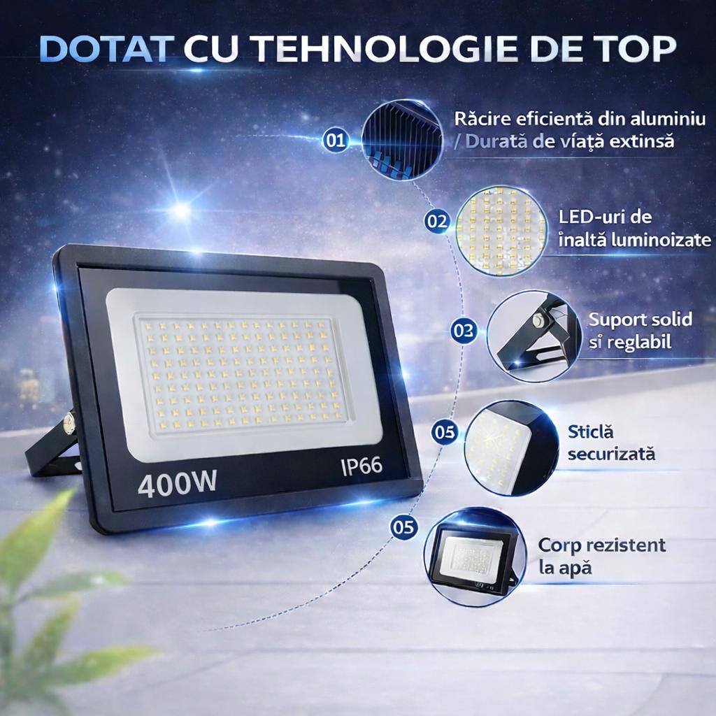 Proiector LED JORTAN Exterior 400W, Alimentare 230V, 234 LED-uri, 20000 Lumeni, Lumina Calda Intensa, Carcasa Aluminiu + Sticla, IP66 Rezistent la Apa si Praf, pentru Curte, Alee, Garaj si Parcare