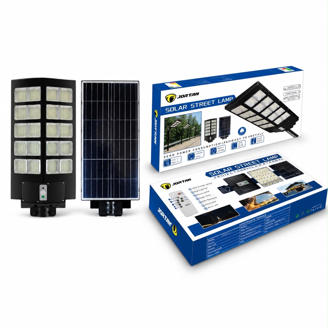 Lampa Solara Stradala 1000W JORTAN Benz SolarLight, 10 Module LED SMD Ultra Puternice, Acumulator 30000mAh, Telecomanda Wireless, Senzor de Lumina, Panou Solar Integrat, IP65 Exterior, Lumina Alb Rece, pentru Curte, Alee, Parcare si Gradina