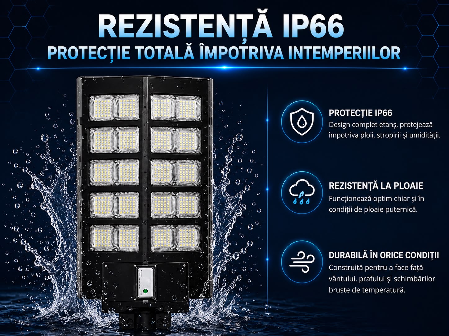 Lampa Solara Stradala 1000W JORTAN Benz SolarLight, 10 Module LED SMD Ultra Puternice, Acumulator 30000mAh, Telecomanda Wireless, Senzor de Lumina, Panou Solar Integrat, IP65 Exterior, Lumina Alb Rece, pentru Curte, Alee, Parcare si Gradina