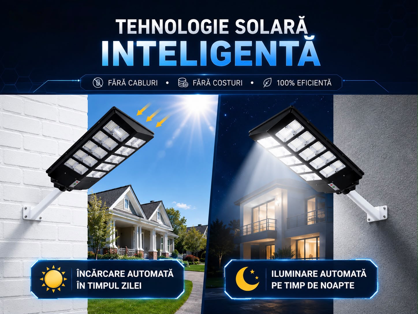 Lampa Solara Stradala 1000W JORTAN Benz SolarLight, 10 Module LED SMD Ultra Puternice, Acumulator 30000mAh, Telecomanda Wireless, Senzor de Lumina, Panou Solar Integrat, IP65 Exterior, Lumina Alb Rece, pentru Curte, Alee, Parcare si Gradina