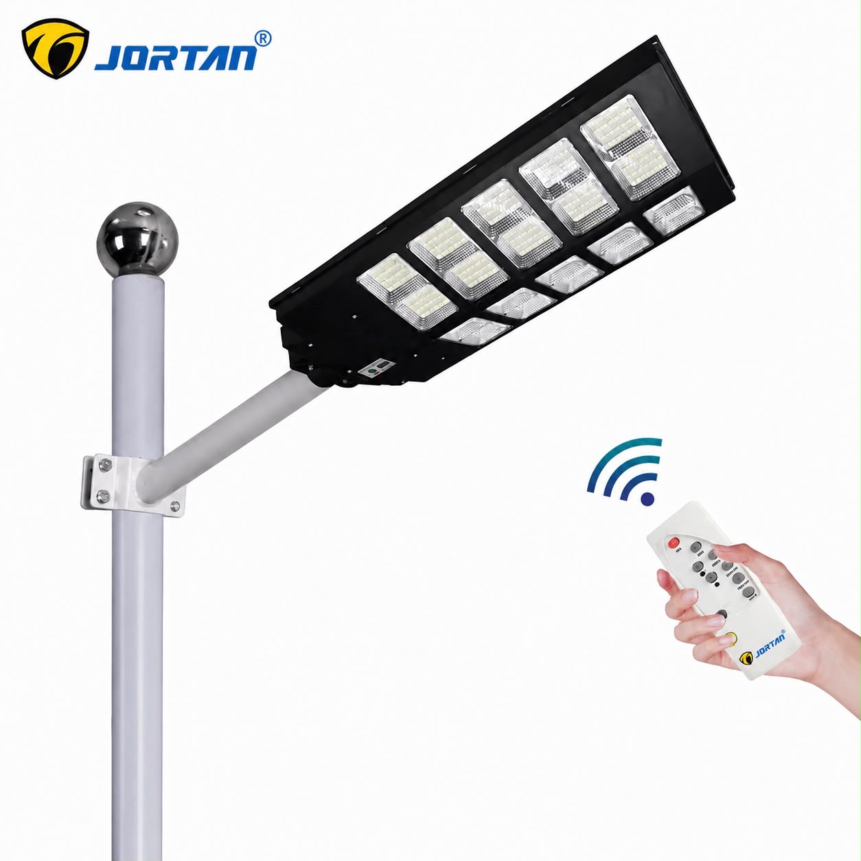 Lampa Solara Stradala 1000W JORTAN Benz SolarLight, 10 Module LED SMD Ultra Puternice, Acumulator 30000mAh, Telecomanda Wireless, Senzor de Lumina, Panou Solar Integrat, IP65 Exterior, Lumina Alb Rece, pentru Curte, Alee, Parcare si Gradina