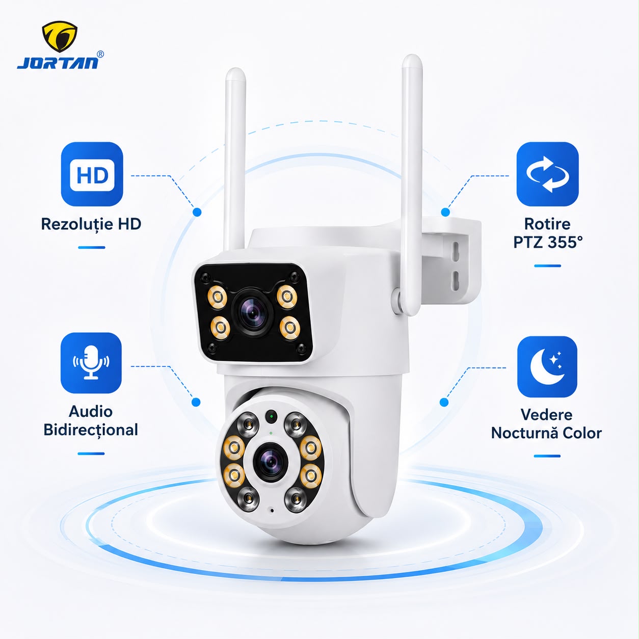 Camera de Supraveghere WiFi JORTAN JT-8660, 4MP, Dual Lens, PTZ 355°, IP66, Detectare Miscare, Vedere Nocturna Color, Audio Bidirectional, Alerta Integrata, Aplicatie Yoosee, Card MicroSD 32GB Inclus