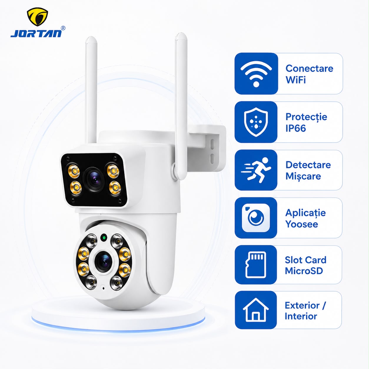 Camera de Supraveghere WiFi JORTAN JT-8660, 4MP, Dual Lens, PTZ 355°, IP66, Detectare Miscare, Vedere Nocturna Color, Audio Bidirectional, Alerta Integrata, Aplicatie Yoosee, Card MicroSD 32GB Inclus