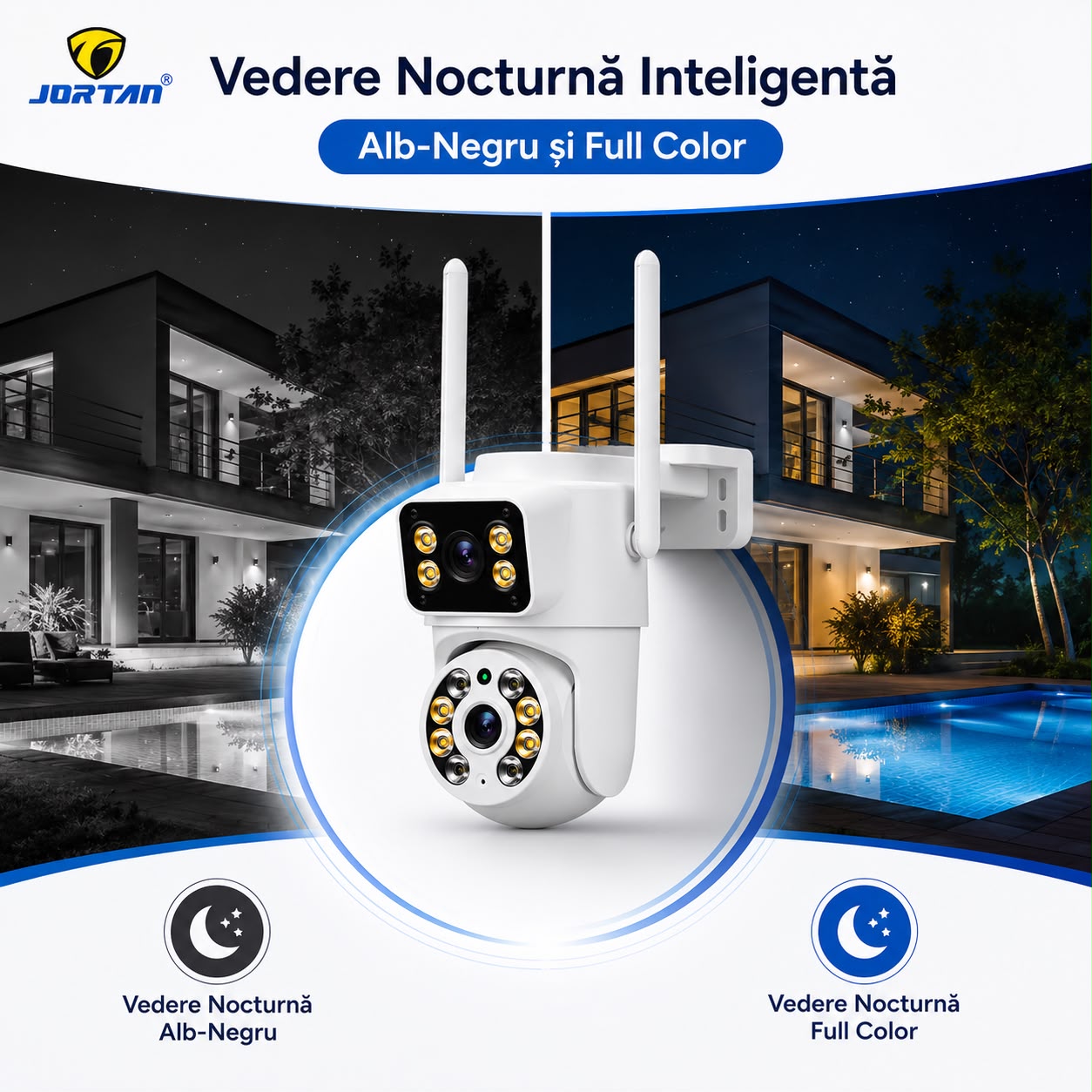 Camera de Supraveghere WiFi JORTAN JT-8660, 4MP, Dual Lens, PTZ 355°, IP66, Detectare Miscare, Vedere Nocturna Color, Audio Bidirectional, Alerta Integrata, Aplicatie Yoosee, Card MicroSD 32GB Inclus