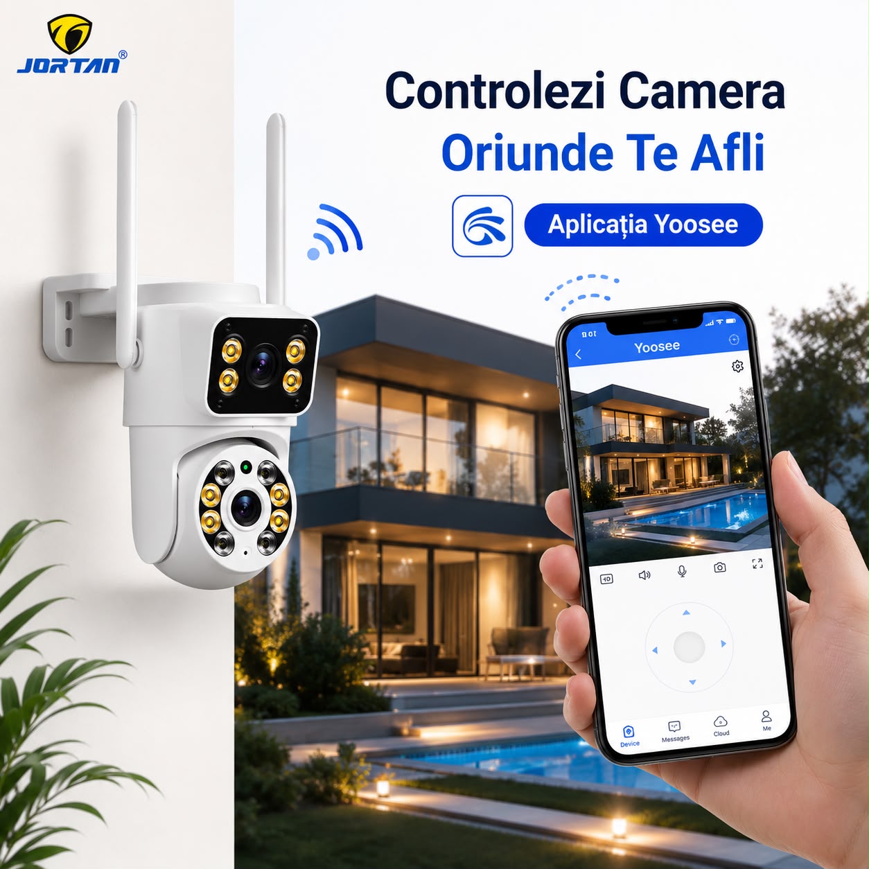Camera de Supraveghere WiFi JORTAN JT-8660, 4MP, Dual Lens, PTZ 355°, IP66, Detectare Miscare, Vedere Nocturna Color, Audio Bidirectional, Alerta Integrata, Aplicatie Yoosee, Card MicroSD 32GB Inclus