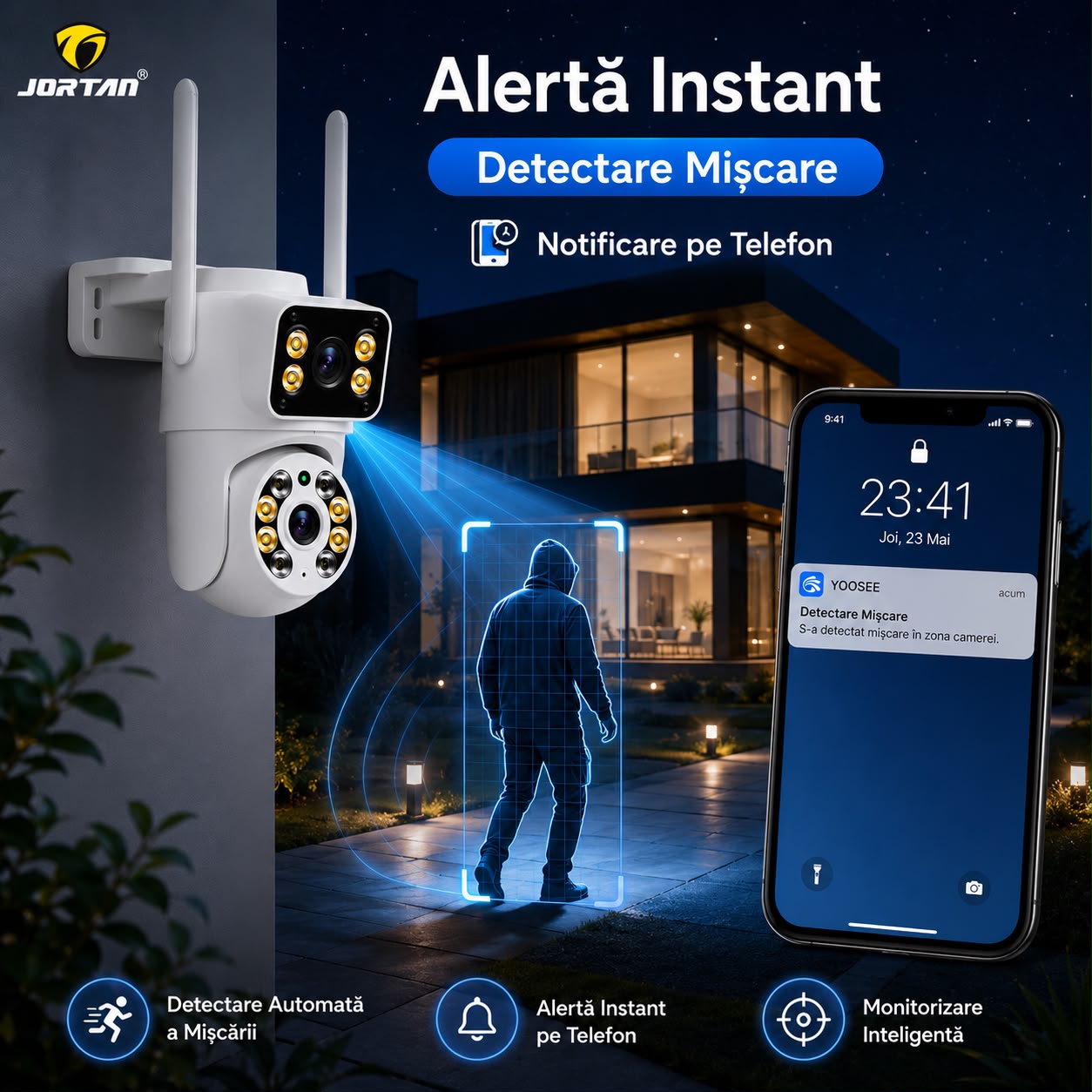 Camera de Supraveghere WiFi JORTAN JT-8660, 4MP, Dual Lens, PTZ 355°, IP66, Detectare Miscare, Vedere Nocturna Color, Audio Bidirectional, Alerta Integrata, Aplicatie Yoosee, Card MicroSD 32GB Inclus