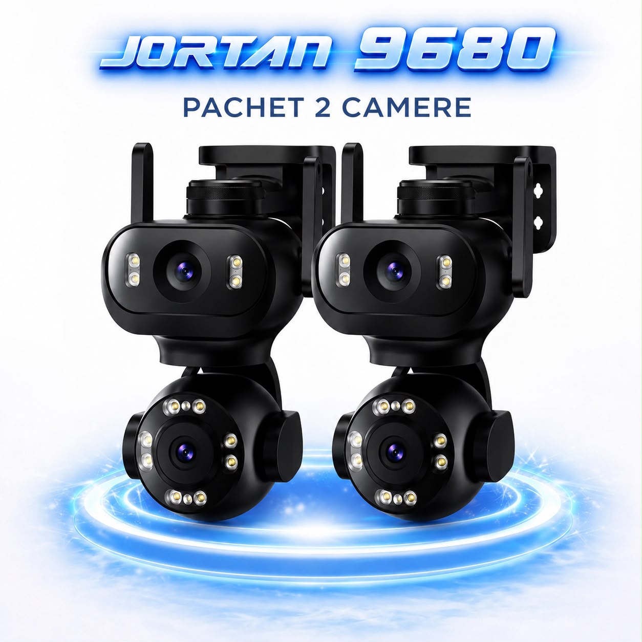 Pachet 2 Camere de Supraveghere WiFi JORTAN JT-9680, 4MP, 2 Lentile, PTZ 360°, IP65, AI Detectare Persoane, Animale si Vehicule, Vedere Nocturna Color, Audio Bidirectional, Alarma Integrata, Aplicatie Yoosee, 2 Carduri MicroSD 32GB Inclus