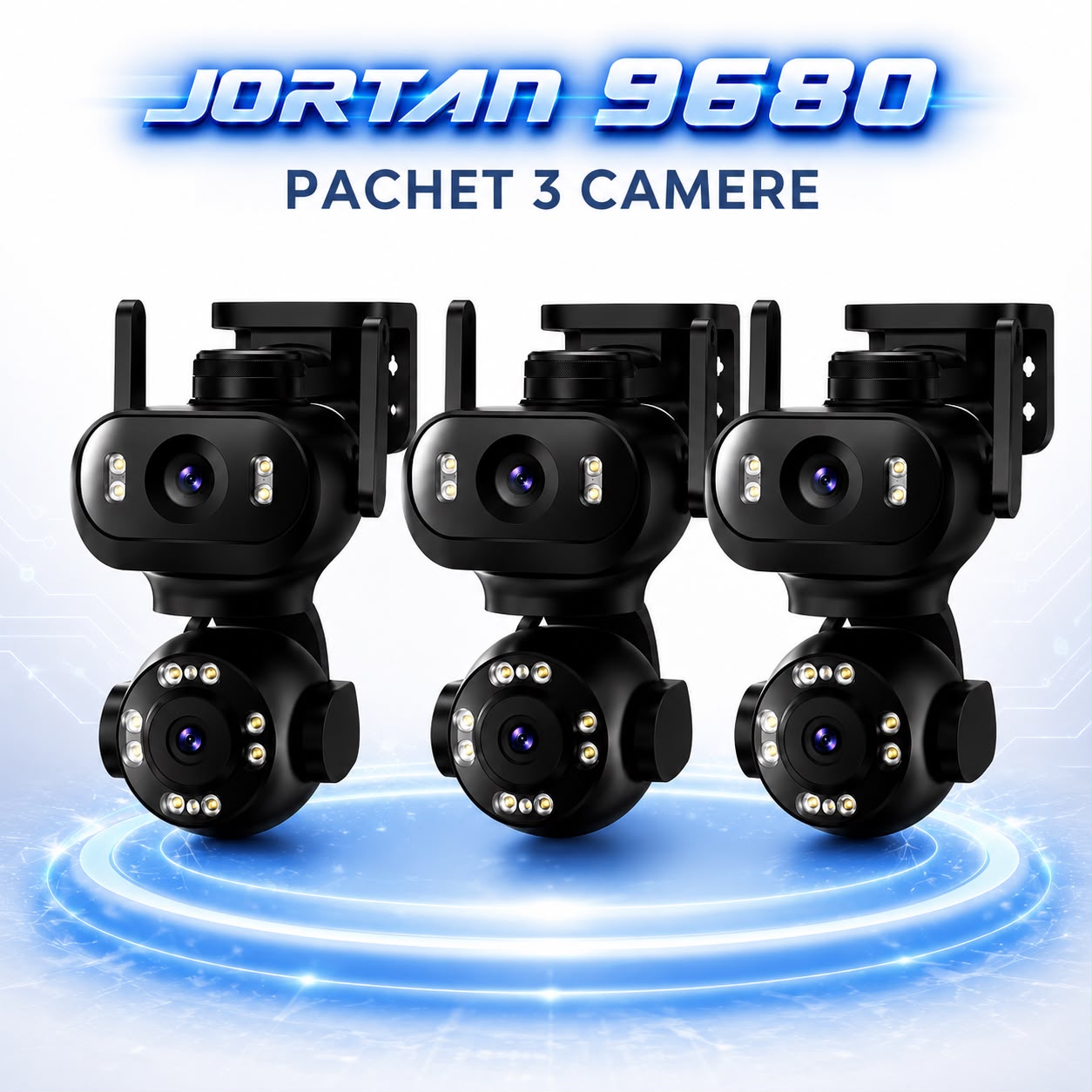 Pachet 3 Camere de Supraveghere WiFi JORTAN JT-9680, 4MP, 2 Lentile, PTZ 360°, IP65, AI Detectare Persoane, Animale si Vehicule, Vedere Nocturna Color, Audio Bidirectional, Alarma Integrata, Aplicatie Yoosee, 3 Carduri MicroSD 32GB Incluse