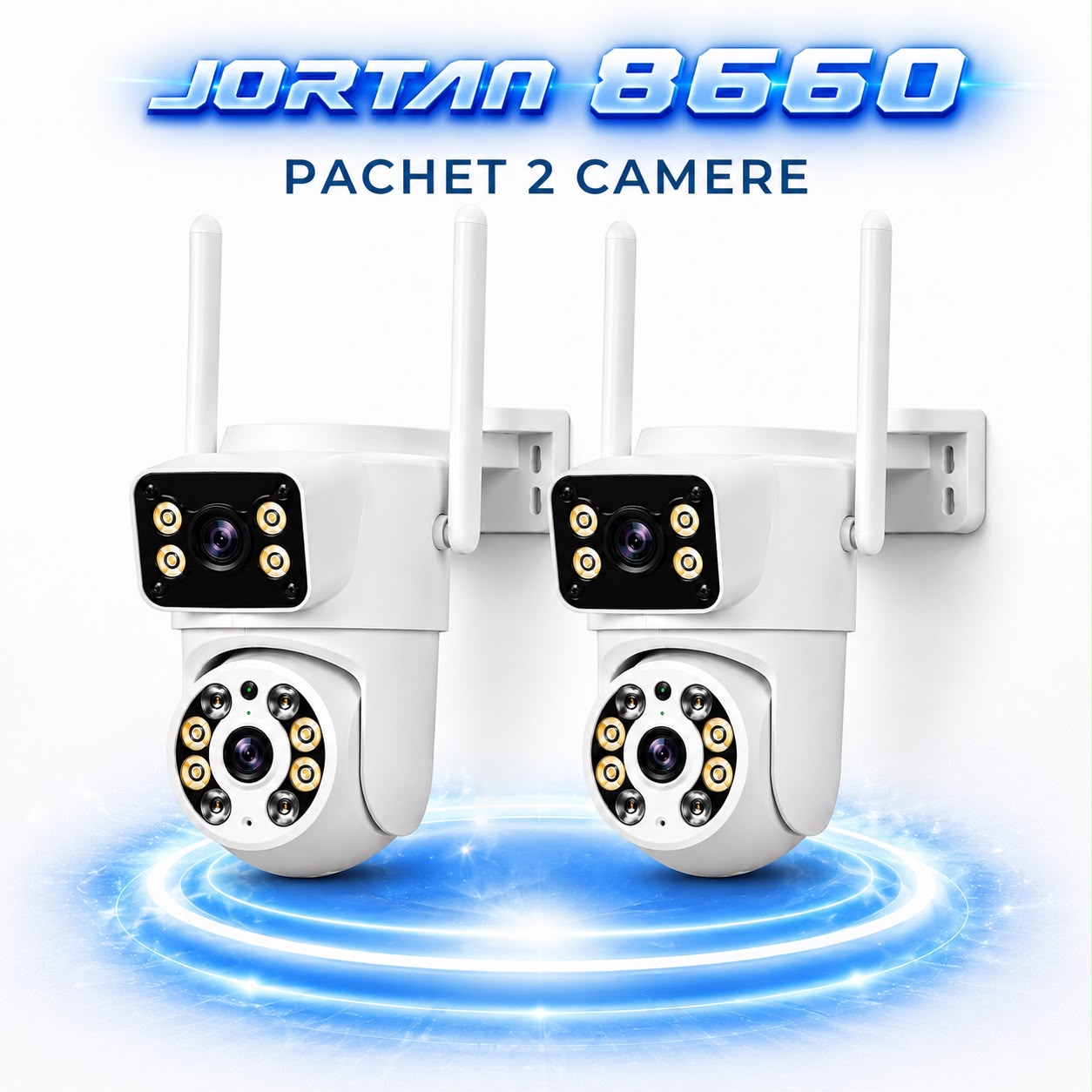 Pachet 2 Camere de Supraveghere WiFi JORTAN JT-8660, 4MP, 2 Lentile, PTZ 355°, IP66, Detectare Miscare, Vedere Nocturna Color, Audio Bidirectional, Alerta Integrata, Aplicatie Yoosee, 2 Carduri MicroSD 32GB Incluse