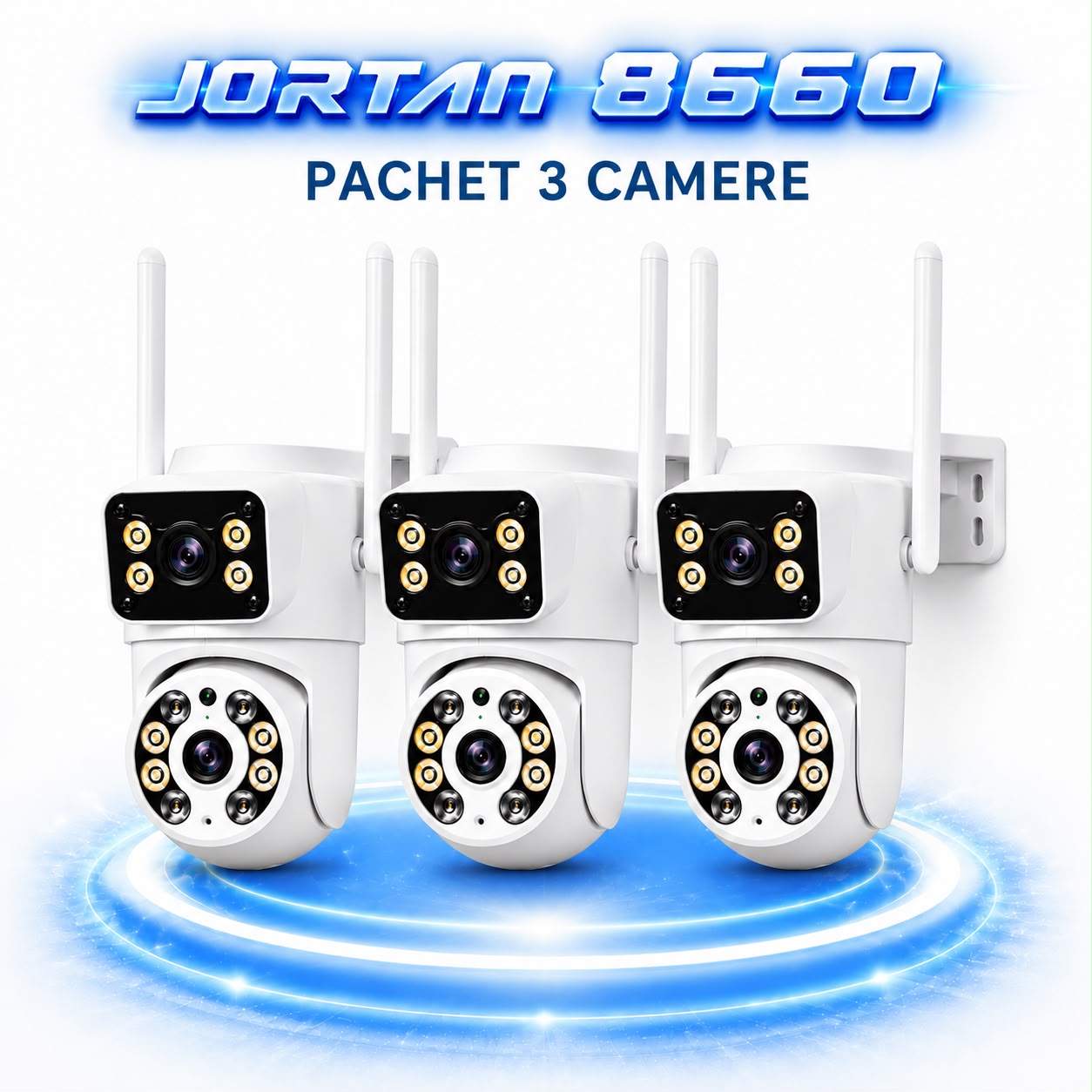 Pachet 3 Camere de Supraveghere WiFi JORTAN JT-8660, 4MP, 2 Lentile, PTZ 355°, IP66, Detectare Miscare, Vedere Nocturna Color, Audio Bidirectional, Alerta Integrata, Aplicatie Yoosee, 3 Carduri MicroSD 32GB Incluse