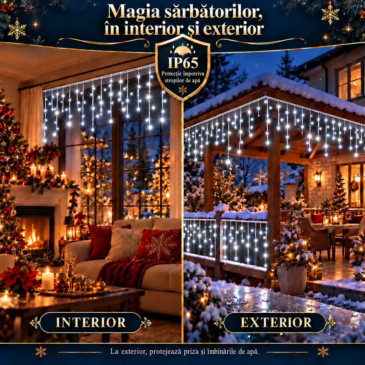 Instalatie de Craciun tip Turturi Flash, Alb Rece cu Flash Alb Rece, 50 m, 1000 LED-uri, Franjuri 50/60/70 cm, Fir Alb Gros 2.0, Interconectabili, IP65, Interior/Exterior