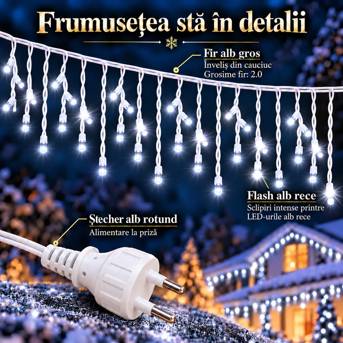 Instalatie de Craciun tip Turturi Flash, Alb Rece cu Flash Alb Rece, 50 m, 1000 LED-uri, Franjuri 50/60/70 cm, Fir Alb Gros 2.0, Interconectabili, IP65, Interior/Exterior