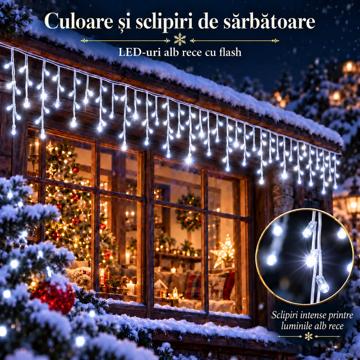Instalatie de Craciun tip Turturi Flash, Alb Rece cu Flash Alb Rece, 50 m, 1000 LED-uri, Franjuri 50/60/70 cm, Fir Alb Gros 2.0, Interconectabili, IP65, Interior/Exterior