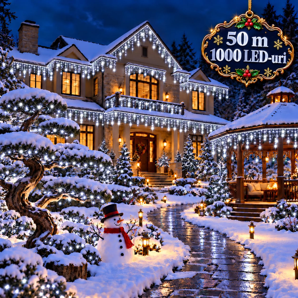 Instalatie de Craciun tip Turturi Flash, Alb Rece cu Flash Alb Rece, 50 m, 1000 LED-uri, Franjuri 50/60/70 cm, Fir Alb Gros 2.0, Interconectabili, IP65, Interior/Exterior